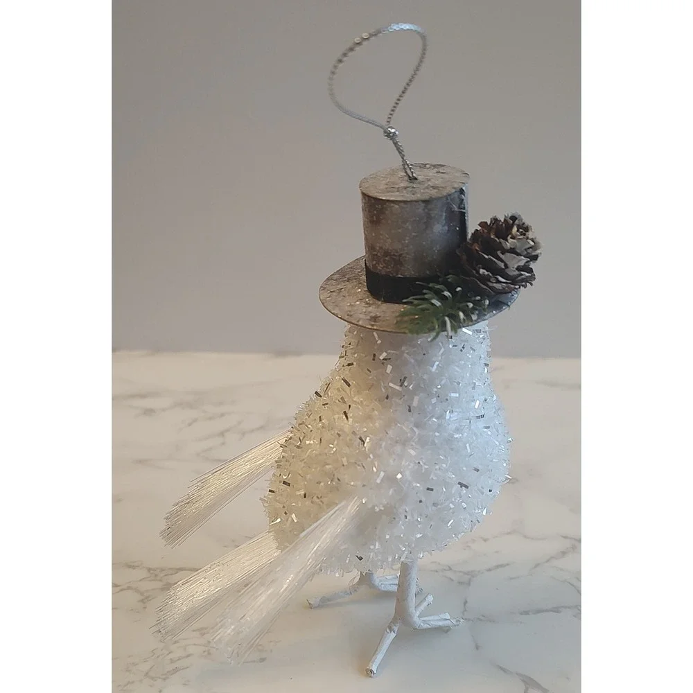 Bird Christmas Ornament Dapper Gentleman Top Hat Pinecone Sparkly White B10